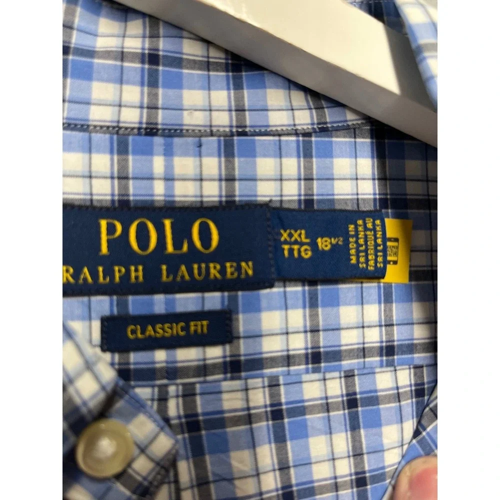 Polo Ralph Lauren Mens XXL Blue White Plaid Classic Fit Stretch Shirt 18.5 Neck